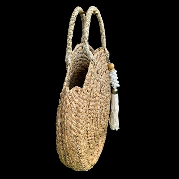 Vintage bag woven natural fiber rafia large round shape tassel embellishment - Picture 3 of 8